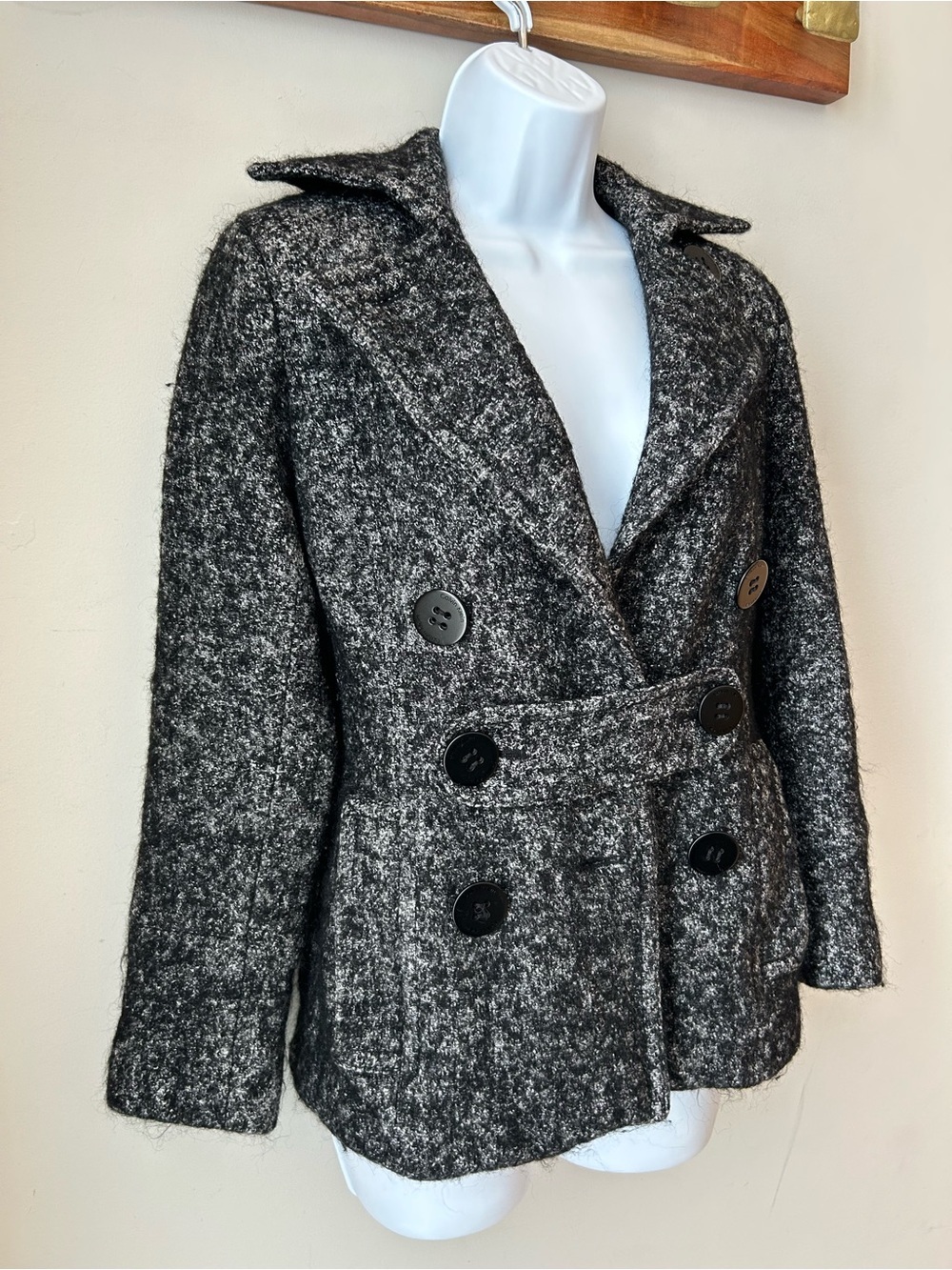 Calvin Klein Wool Peplum Peacoat Jacket Gray Black Dark Academia Minimalist